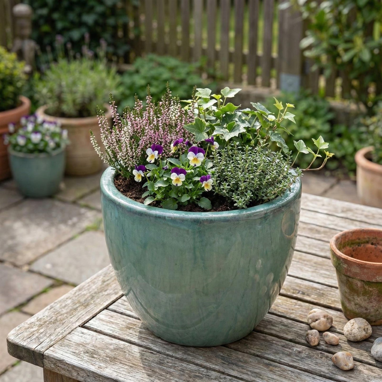 Dunkelgrüne glasierte Pflanzkübel Egg Pot im Garten