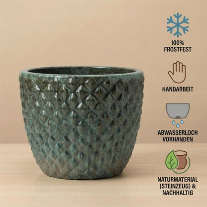 Pflanzgefäß Keramik "Bubble" Grün – Struktur & Frostfest (EggPot)