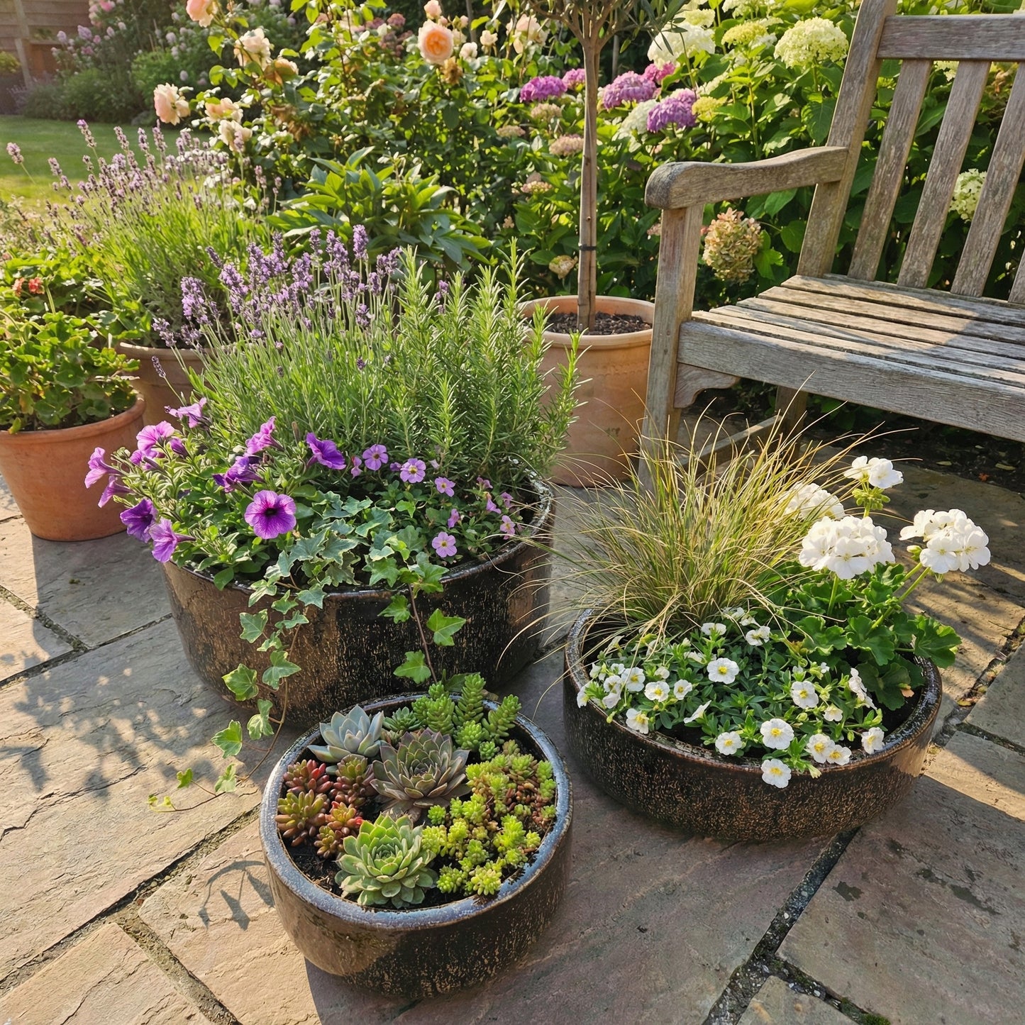 Handgefertigte frostfeste Keramik Pflanzschalen in verschiedenen Größen in der Farbe Falling Braun mit Plfanzen auf Tisch