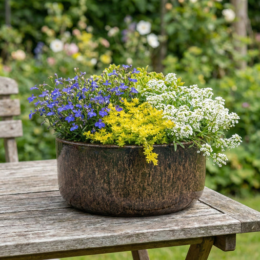 Handgefertigte frostfeste Keramik Pflanzschalen in verschiedenen Größen in der Farbe Falling Braun mit Plfanzen auf Tisch