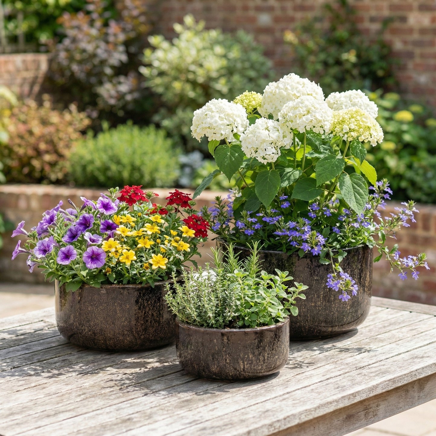 Handgefertigte frostfeste Keramik Pflanzschalen in verschiedenen Größen in der Farbe Falling Braun mit Plfanzen auf Tisch