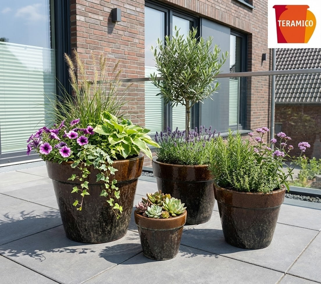 Pflanzgefäß "Round Plain" Moosbraun – Ø 18 bis 47 cm – Frostfestes Steinzeug