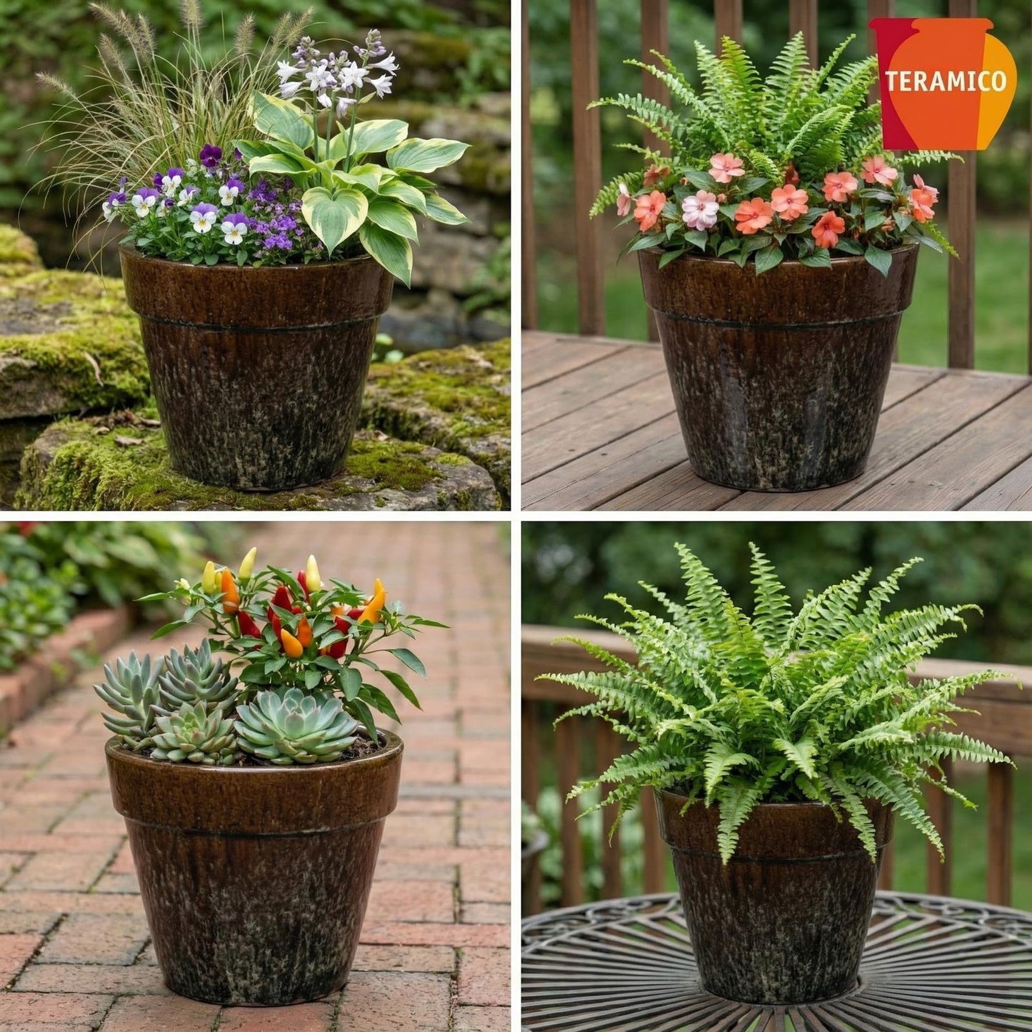 Bepflanzter Blumenkübel Round Plain Moosbraun mit grünen Pflanzen im Garten