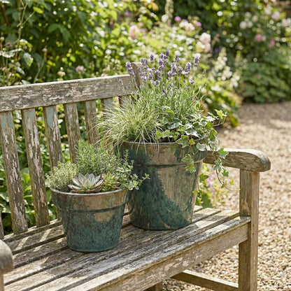 Bepflanzter Blumenkübel Round Plain Moosgrün im Außenbereich - Winterhartes Steinzeug