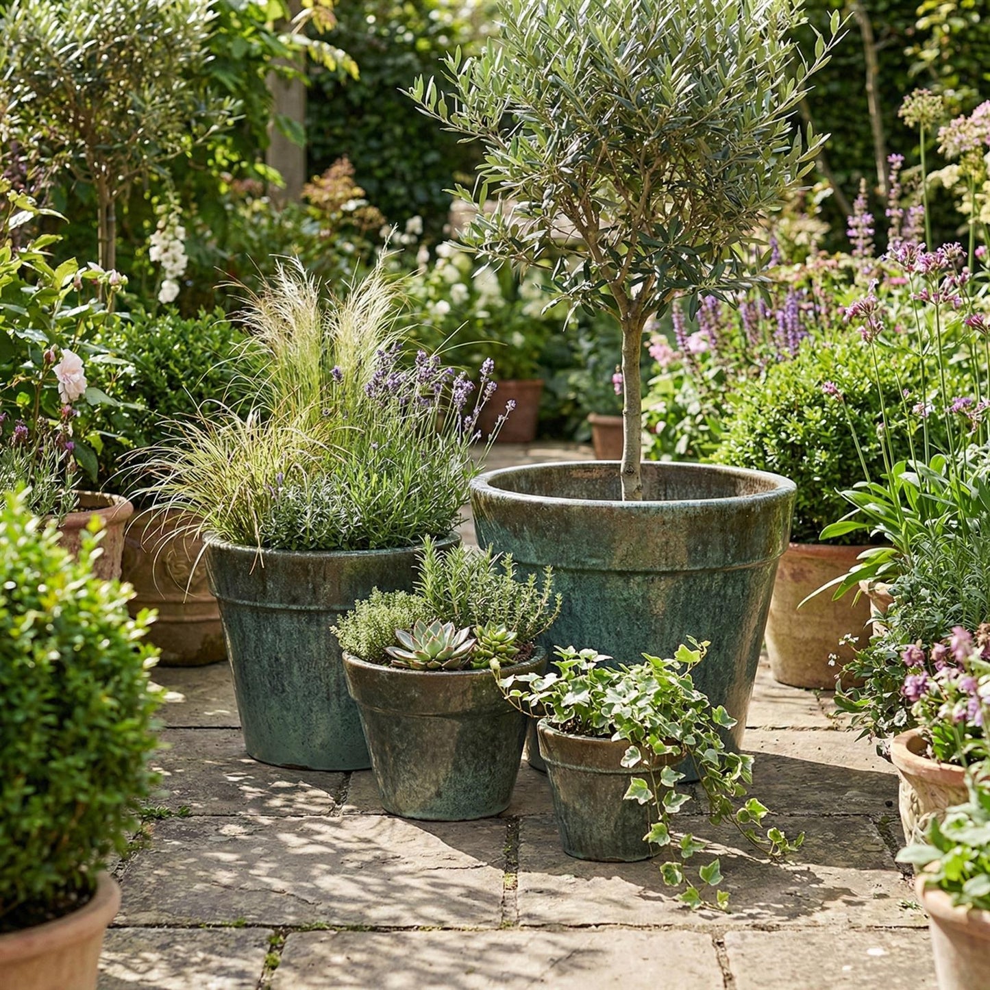 Gruppe von moosgrünen Pflanzkübeln Round Plain auf einer Steinterrasse - Garten Dekoration