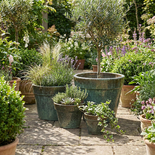 Gruppe von moosgrünen Pflanzkübeln Round Plain auf einer Steinterrasse - Garten Dekoration
