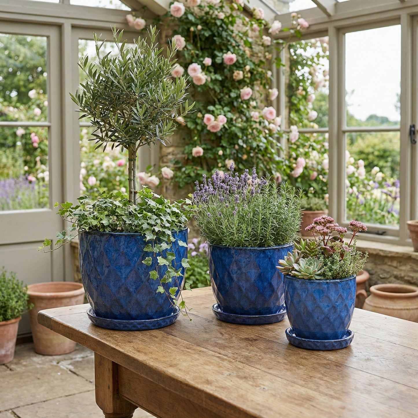 keramik blumentopf blau glaisert mit teller blau auf tisch