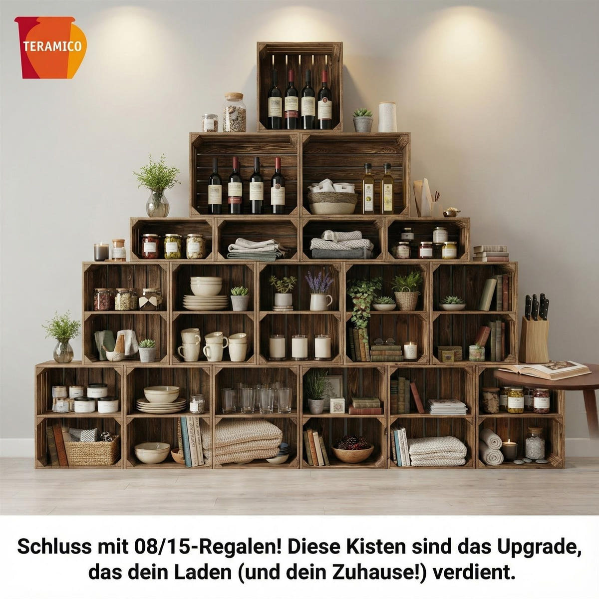Holzkisten als Regal für Geschirr und Dekoration