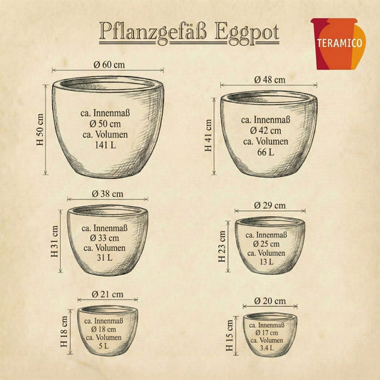 4er Set XXL Pflanzkübel Eggpot Keramik Braun glasiert Ø 60 cm