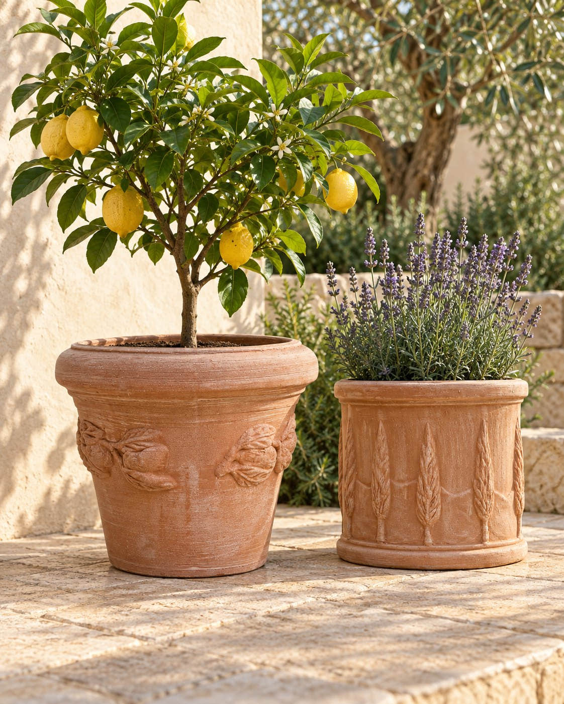 Limoni mit Zitronenbaum und Cilindro Cypressi mit Lavendel auf einer sonnigen Terrasse