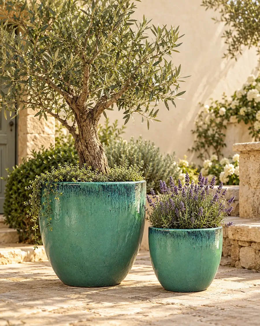 Grüne Egg-Pot-Pflanzgefäße mit Olive und Lavendel auf einer Natursteinterrasse