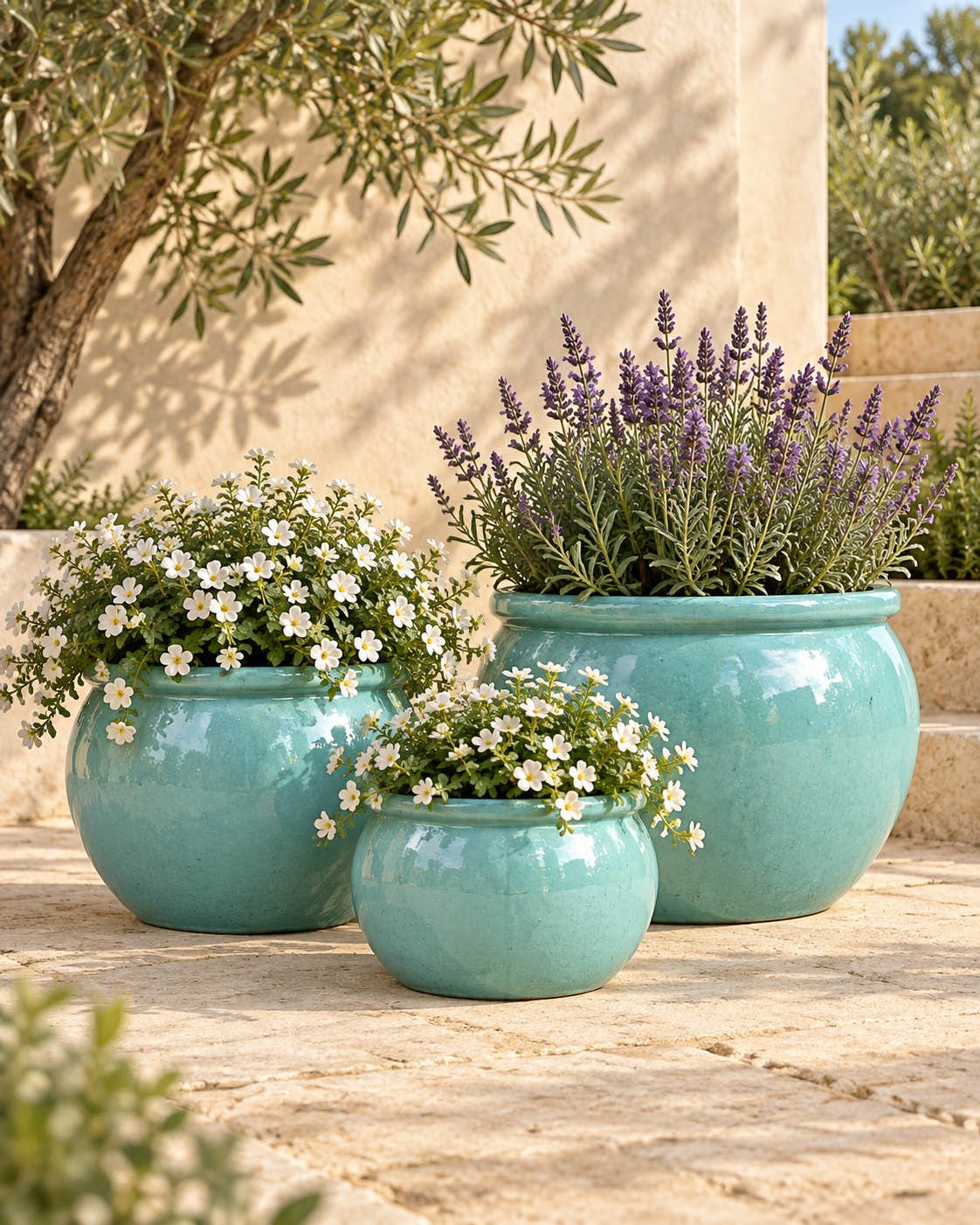 Jadegrüne Bavaria-Keramiktöpfe mit weißen Blüten und Lavendel auf einer Terrasse