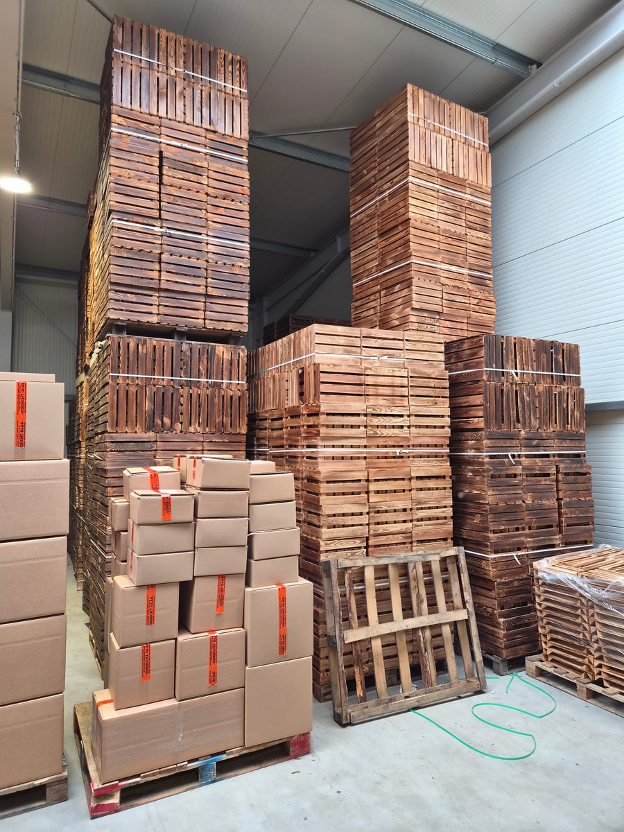 Wooden crates and packed shipping boxes in TERAMICO's warehouse