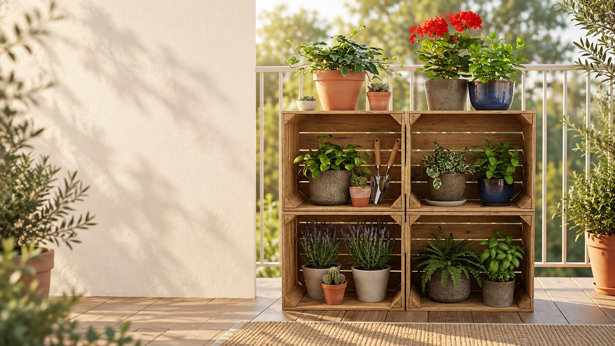 Naturfarbene Vintage-Holzkisten als Pflanzenregal auf einer Terrasse