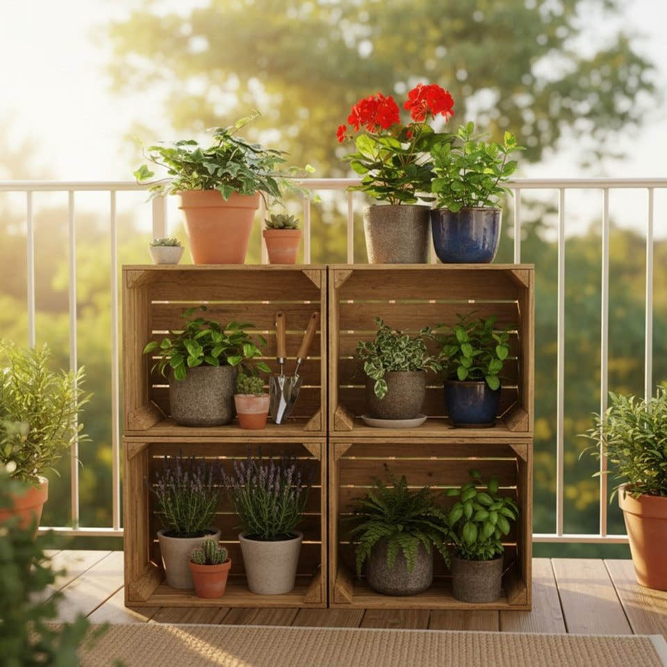 Naturfarbene Vintage-Holzkisten als Pflanzenregal auf einer Terrasse