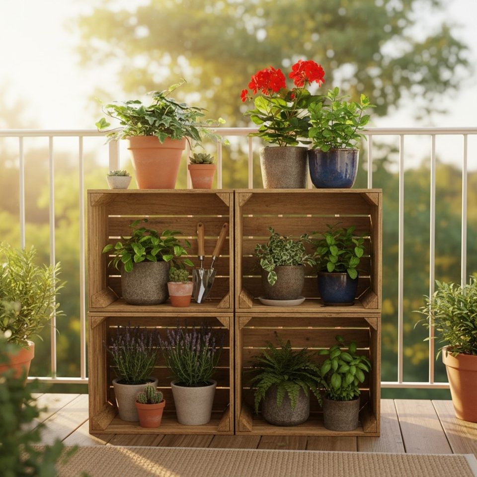 Naturfarbene Vintage-Holzkisten als Pflanzenregal auf einer Terrasse