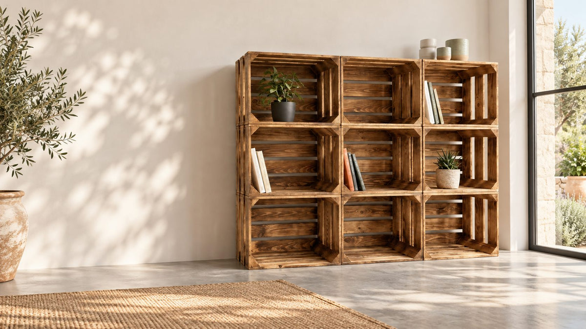 Neun neue geflammte Holzkisten als Regal mit Pflanzen und Büchern