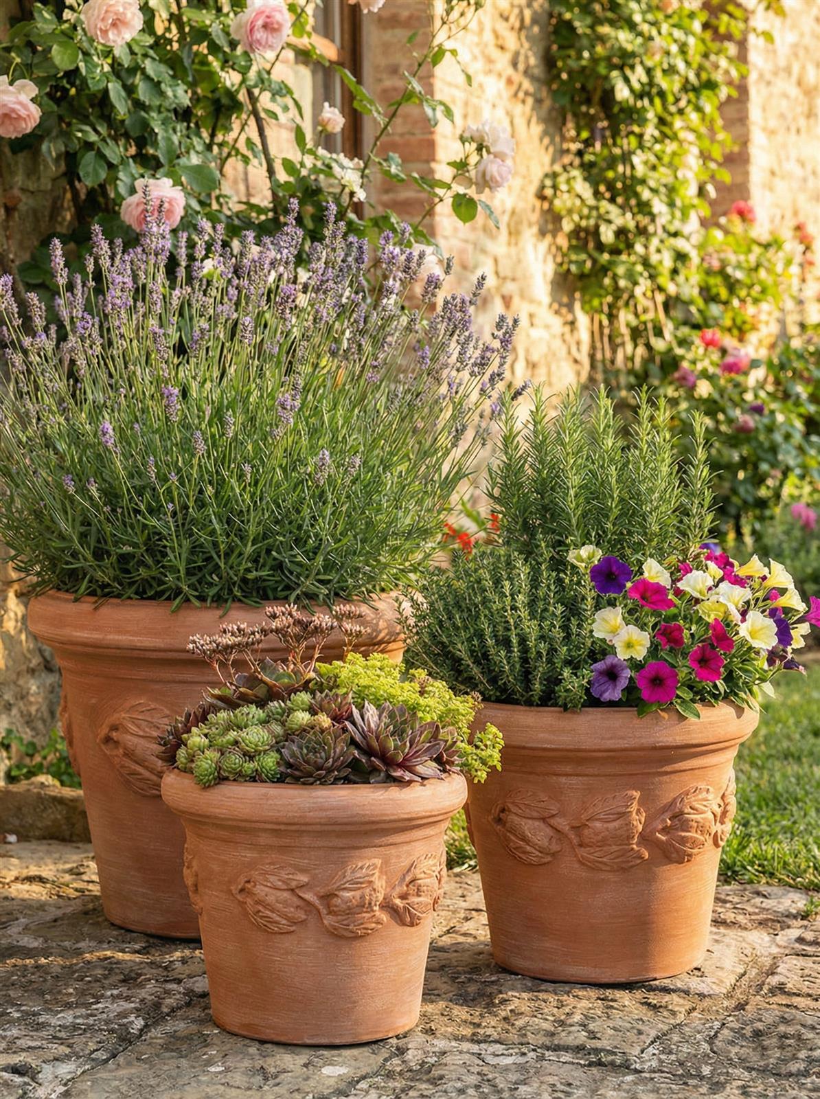 Mediterraner Terrakotta Blumentopf mit Limonenmuster, bepflanzt in einer herbstlichen oder sommerlichen Gartenumgebung.