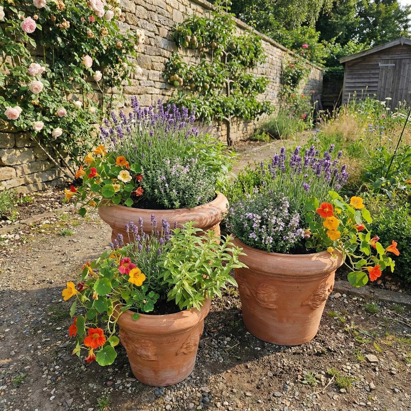 Mediterraner Terrakotta Blumentopf mit Limonenmuster, bepflanzt in einer herbstlichen oder sommerlichen Gartenumgebung.