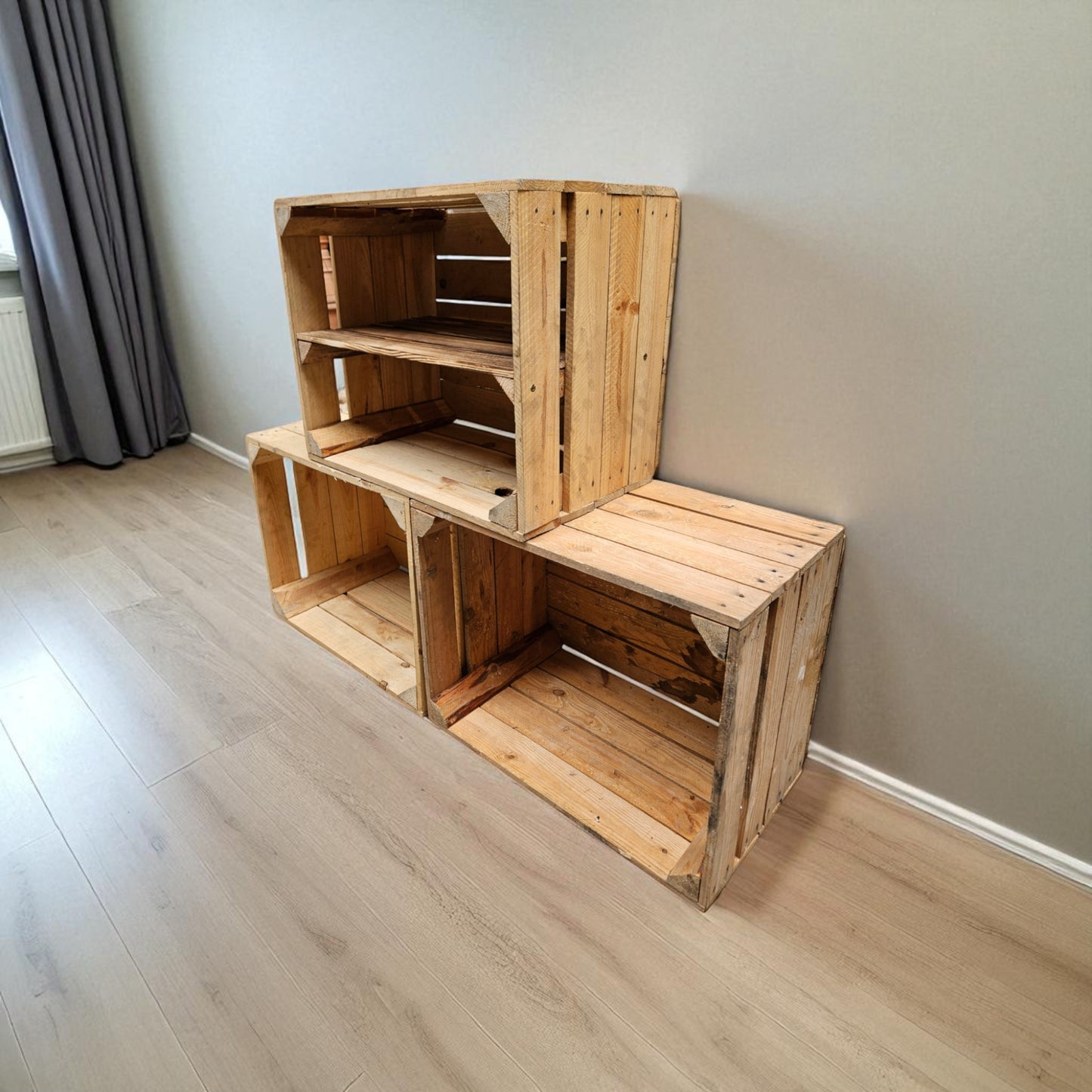 Holzkisten Vintage 3er Set 50 x 40 x 30cm mit Regal lang verbaut